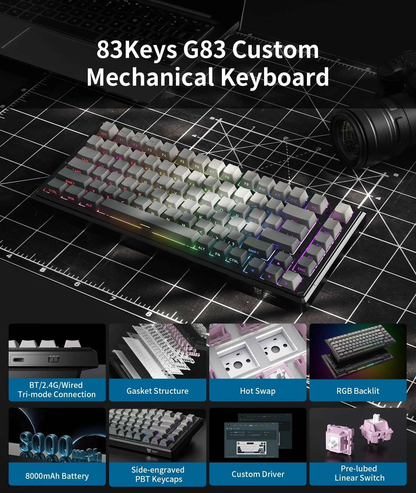 Onikuma G83 8000mAh Battery with Side-Printed PBT Keycaps Close-up