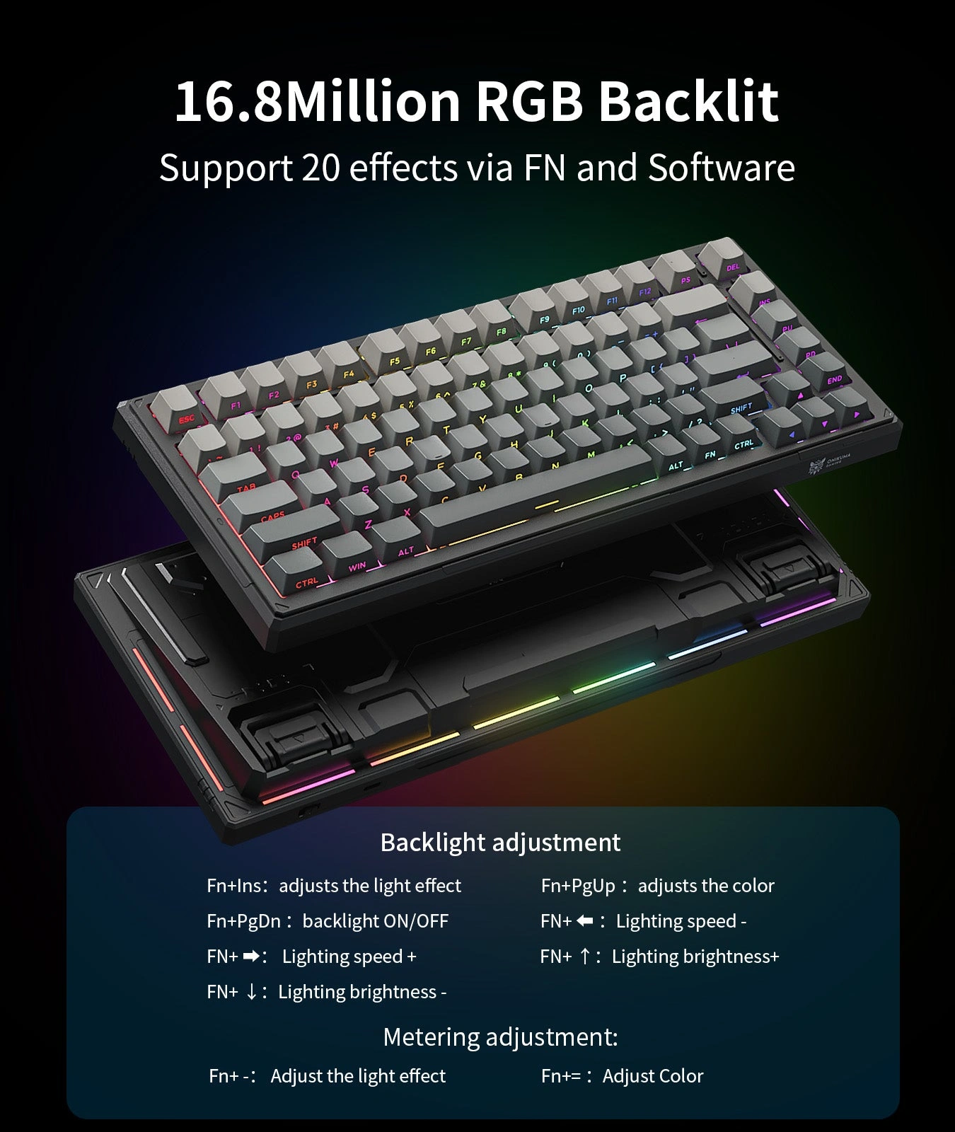 Onikuma G83 75% ARGB Tri-Mode Hot Swappable Mechanical Black Gray Gaming Keyboard