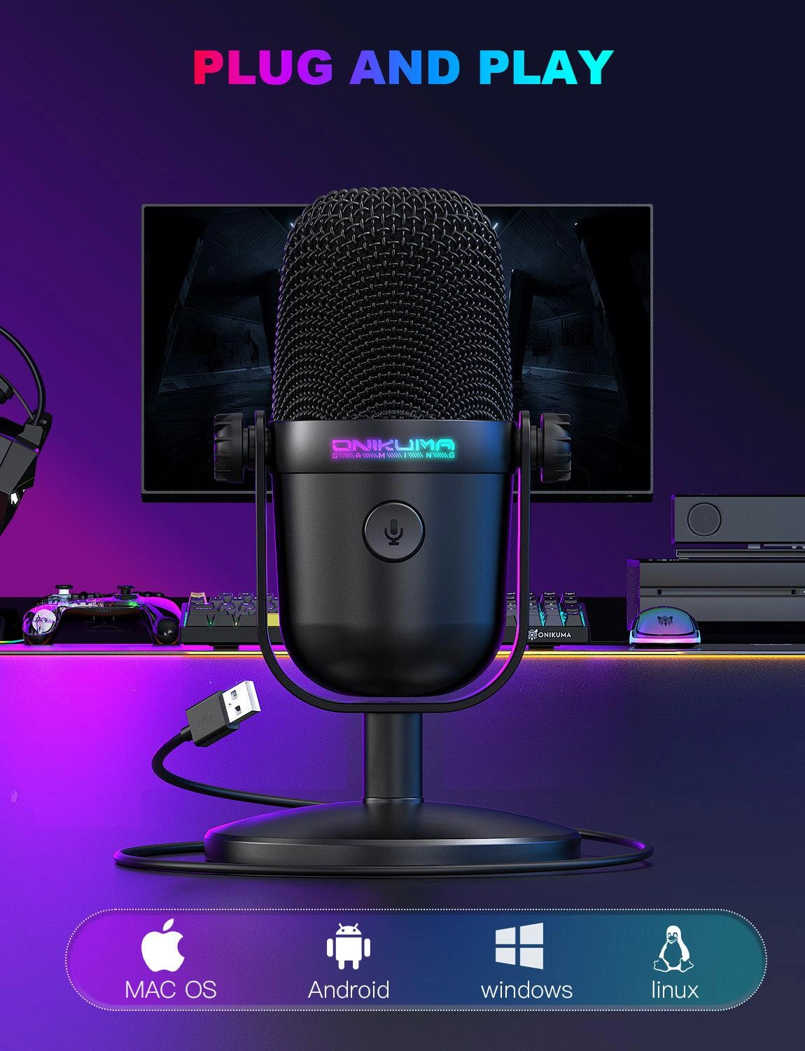 Onikuma M830 USB Condenser Microphone Front View with RGB Illumination
