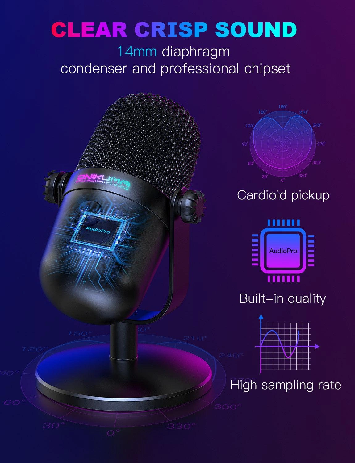 Onikuma M830 Professional USB Microphone 14mm Diaphragm and 192kHz/24-bit Chipset