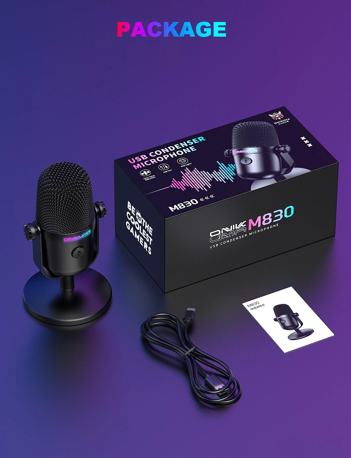 Onikuma M830 USB Condenser Microphone Complete Package with USB Cables