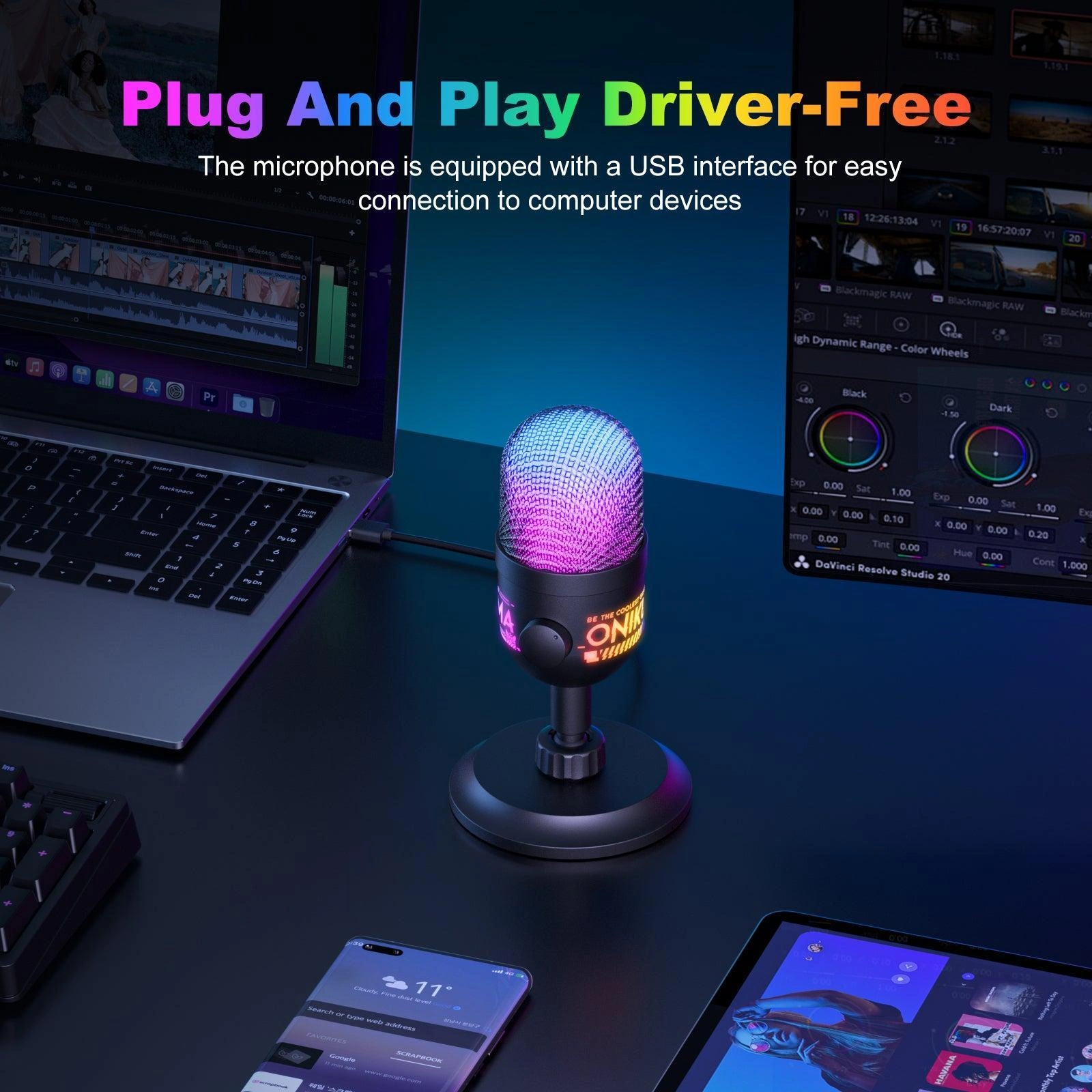 Onikuma M930 Studio Microphone with Built-in HIFI Sound Card and RGB Effects