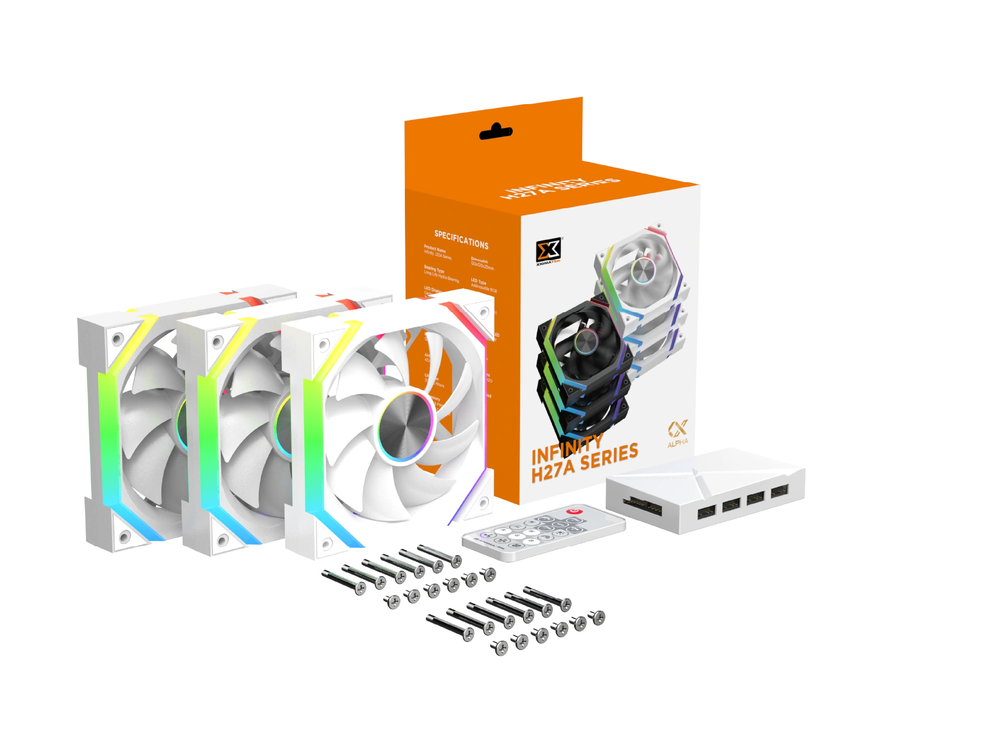 Xigmatek Infinity H27A Arctic retail package contents including three fans control hub and remote