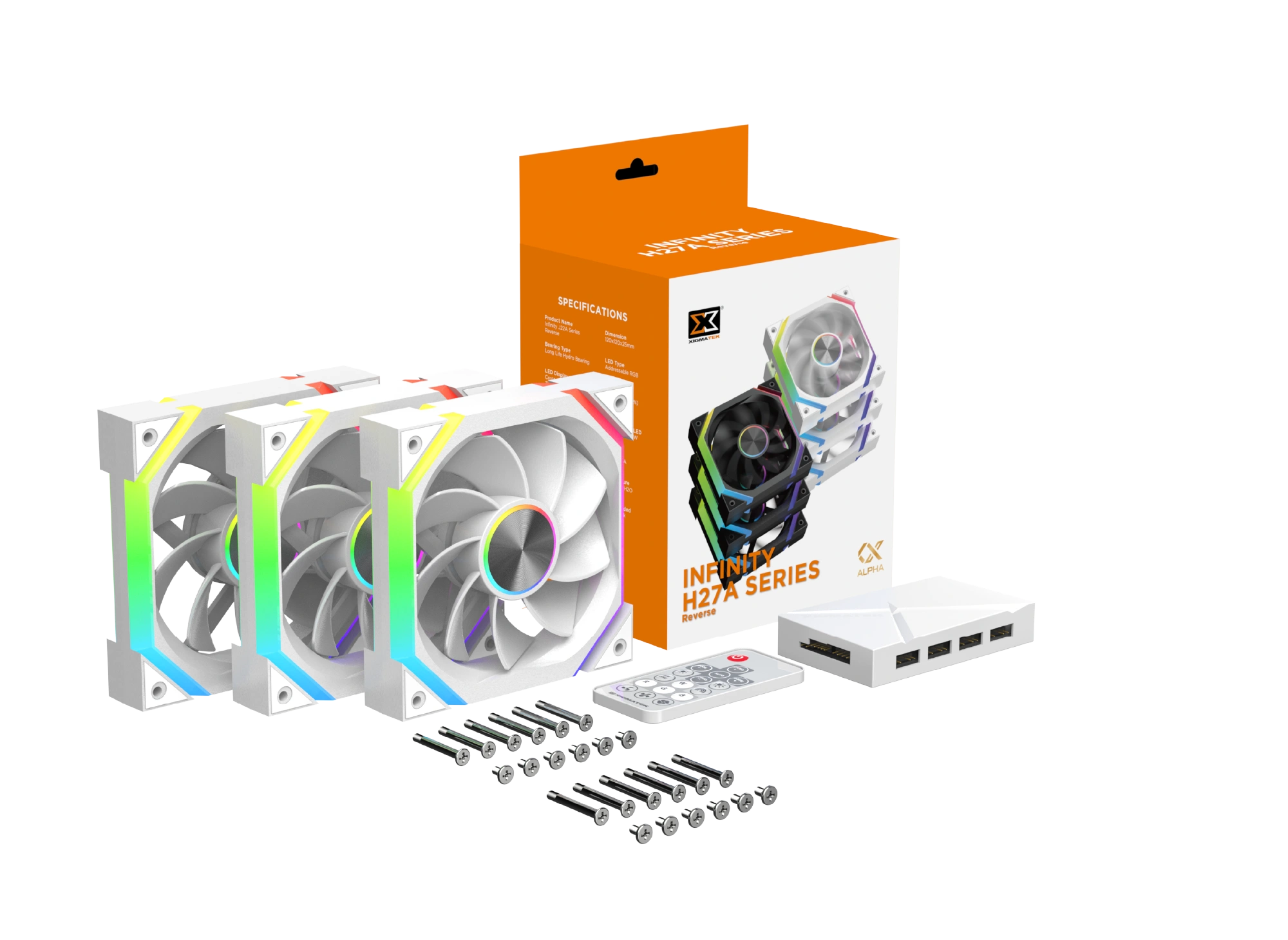 Xigmatek Infinity H27A Arctic Reverse retail package contents including three fans control hub and remote