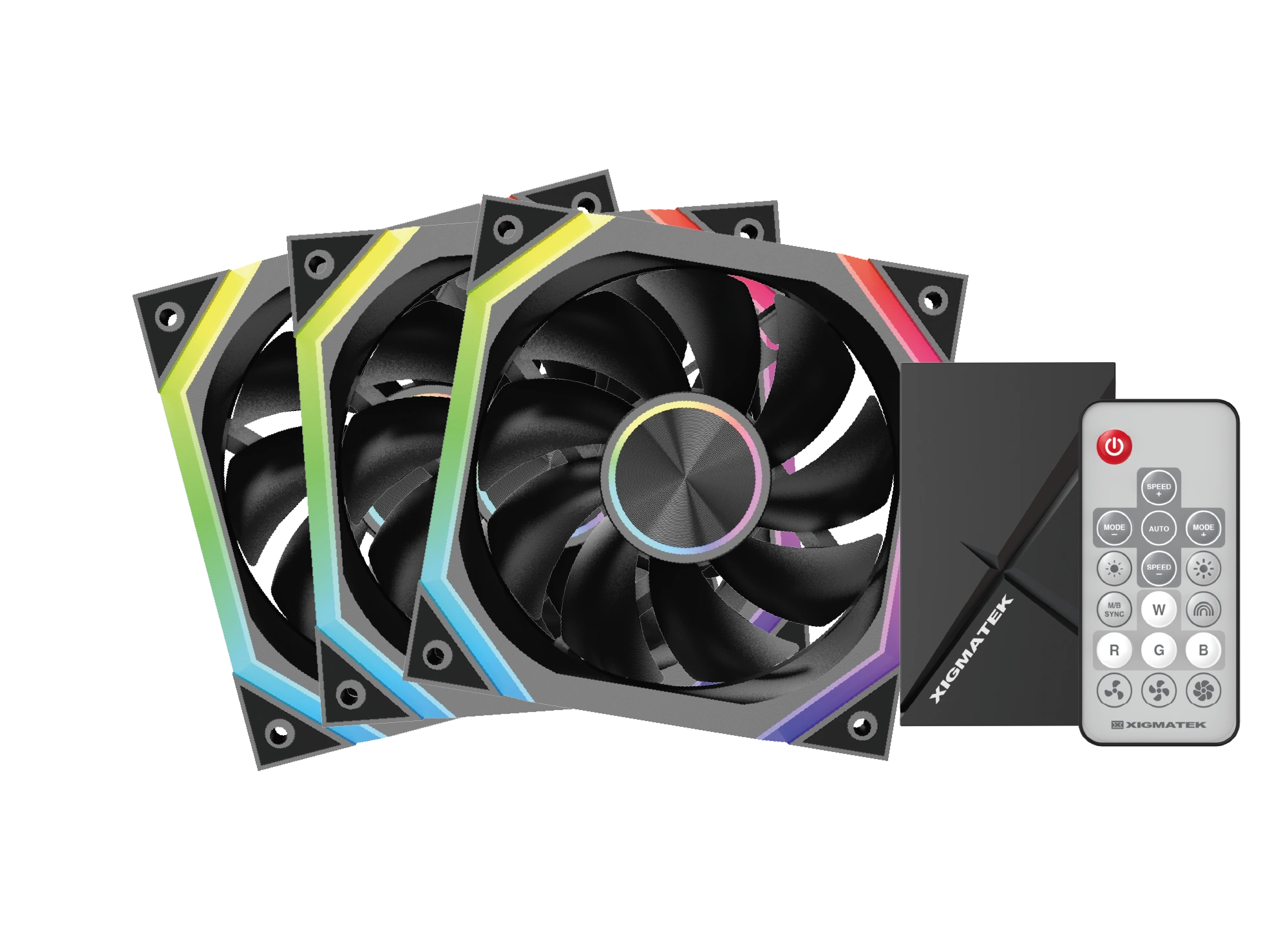 Included ARGB and PWM control box hub with IR remote controller for Xigmatek H27A fans