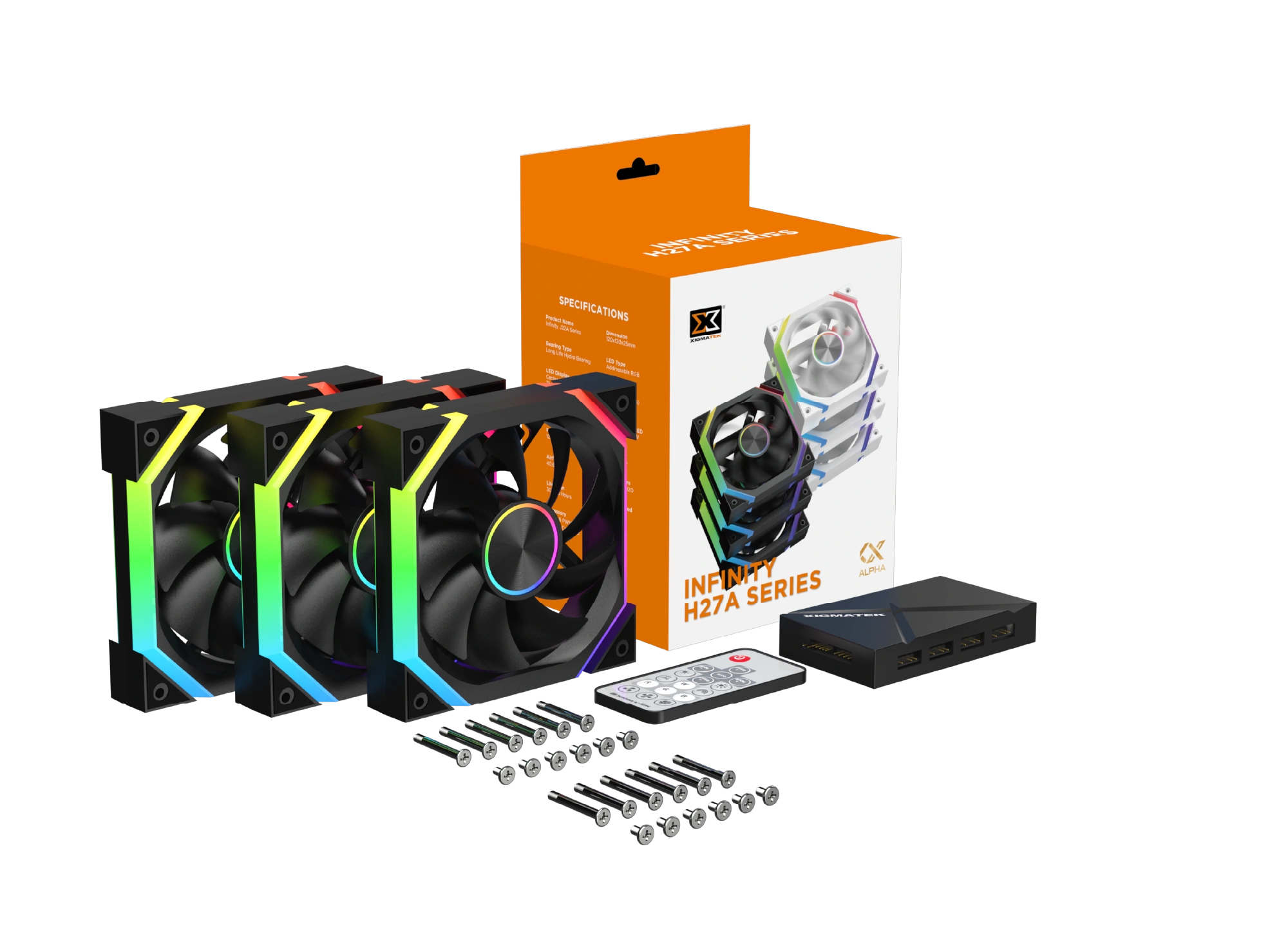 Package Contents — H27A 3-Fan Pack Xigmatek Infinity H27A retail package contents including three fans control hub and remote