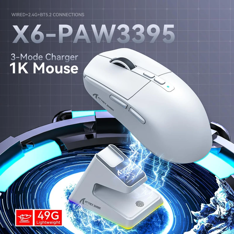 Attack Shark X6 white gaming mouse with RGB magnetic charging dock and tri-mode connectivity