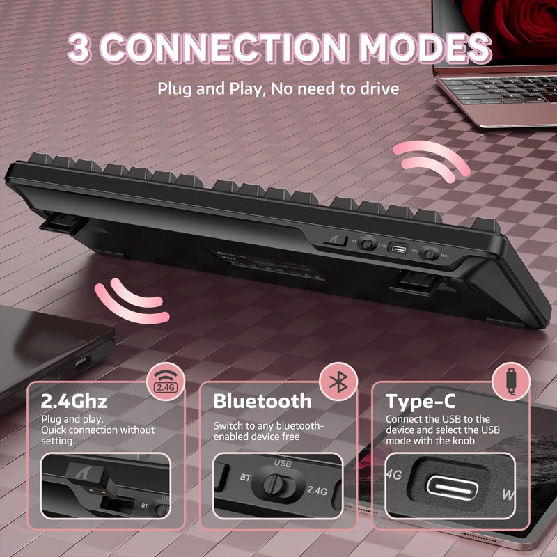 Attack Shark X87 gaming keyboard with 3 connection modes: 2.4GHz, Bluetooth, and Type-C