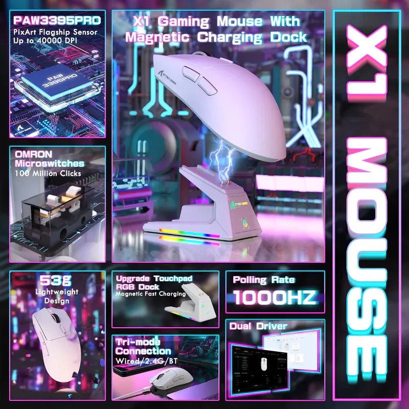 Attack Shark X1 white gaming mouse on RGB magnetic charging dock with touchpad