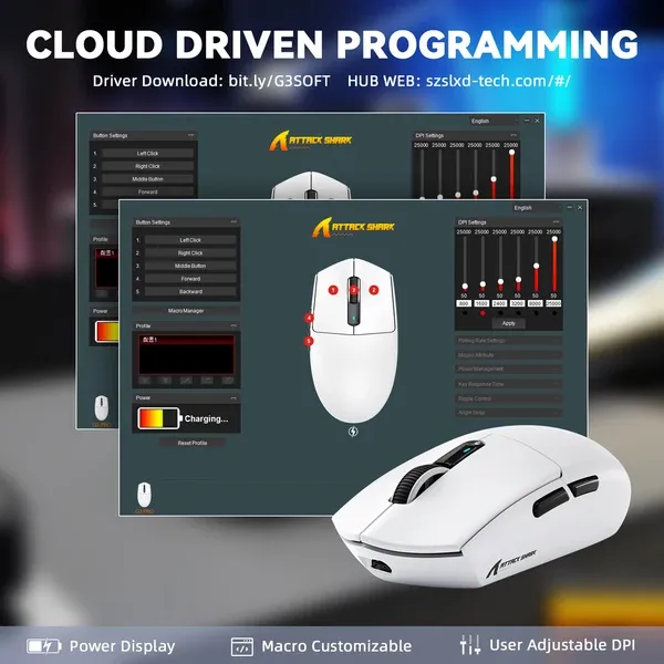 Attack Shark G3 Pro white gaming mouse on RGB magnetic charging dock