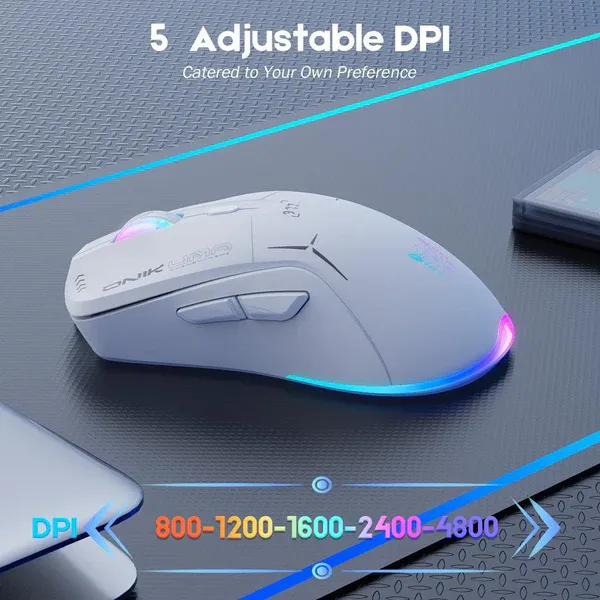 Onikuma CW917 dual mode RGB wireless white gaming mouse front view