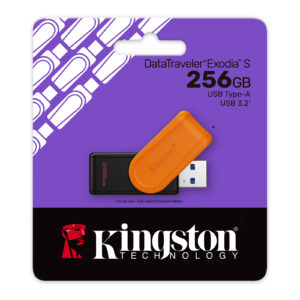 Kingston DataTraveler Exodia S 256GB USB 3.2 Gen 1 flash drive with black body and orange swivel cap, retail package