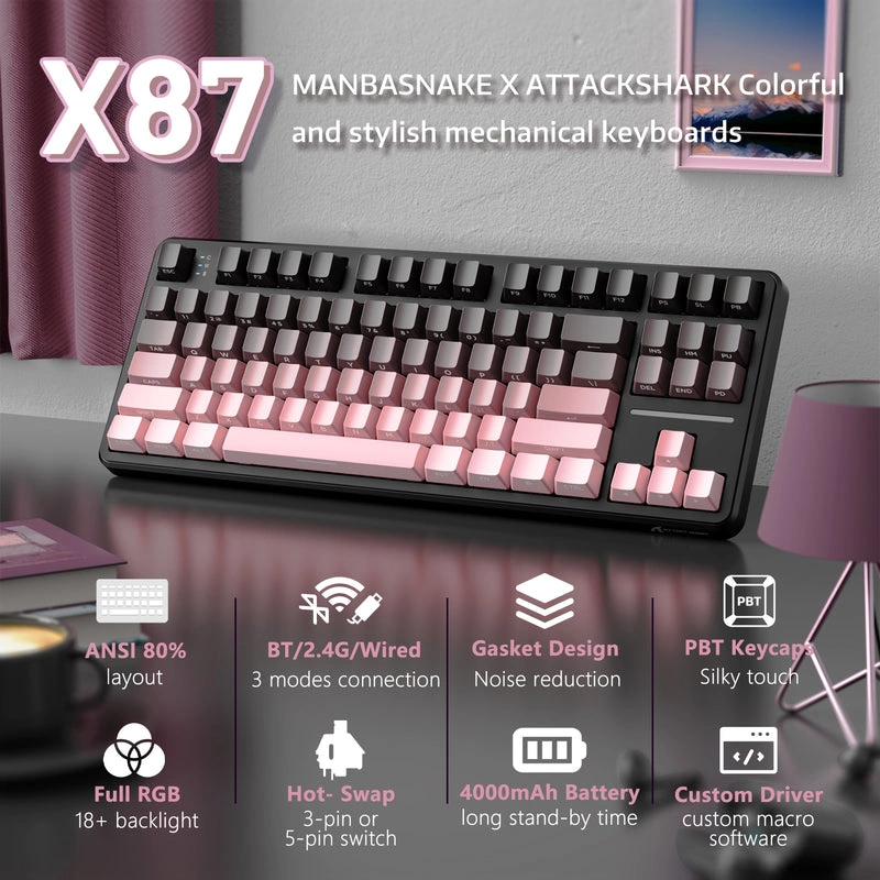 Attack Shark X87 mechanical keyboard with RGB lighting, hot-swappable switches, and gasket design