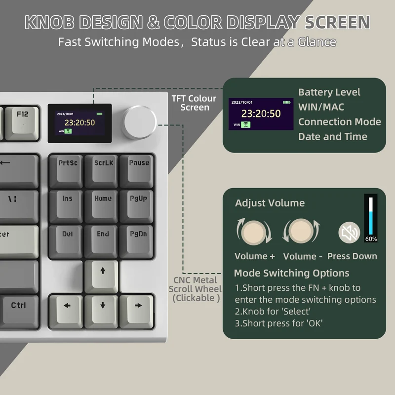Attack Shark K86 75% wireless mechanical keyboard with TFT color display and CNC metal knob