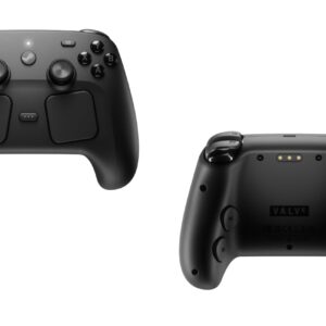 Rear view of the Steam Controller showing rear grip buttons and wireless puck contact points