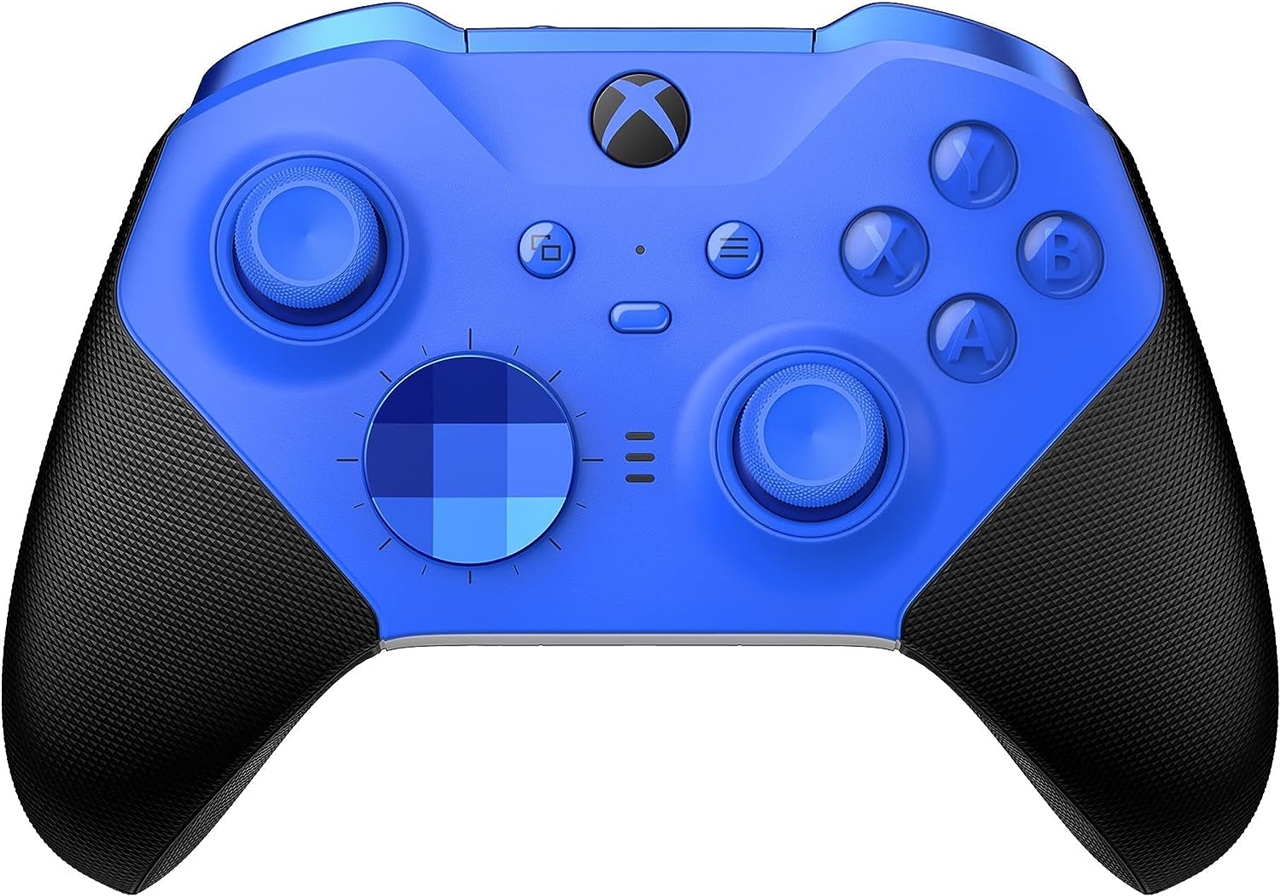 Blue Microsoft Xbox Elite Wireless Controller Series 2 Core with black grips and adjustable-tension thumbsticks