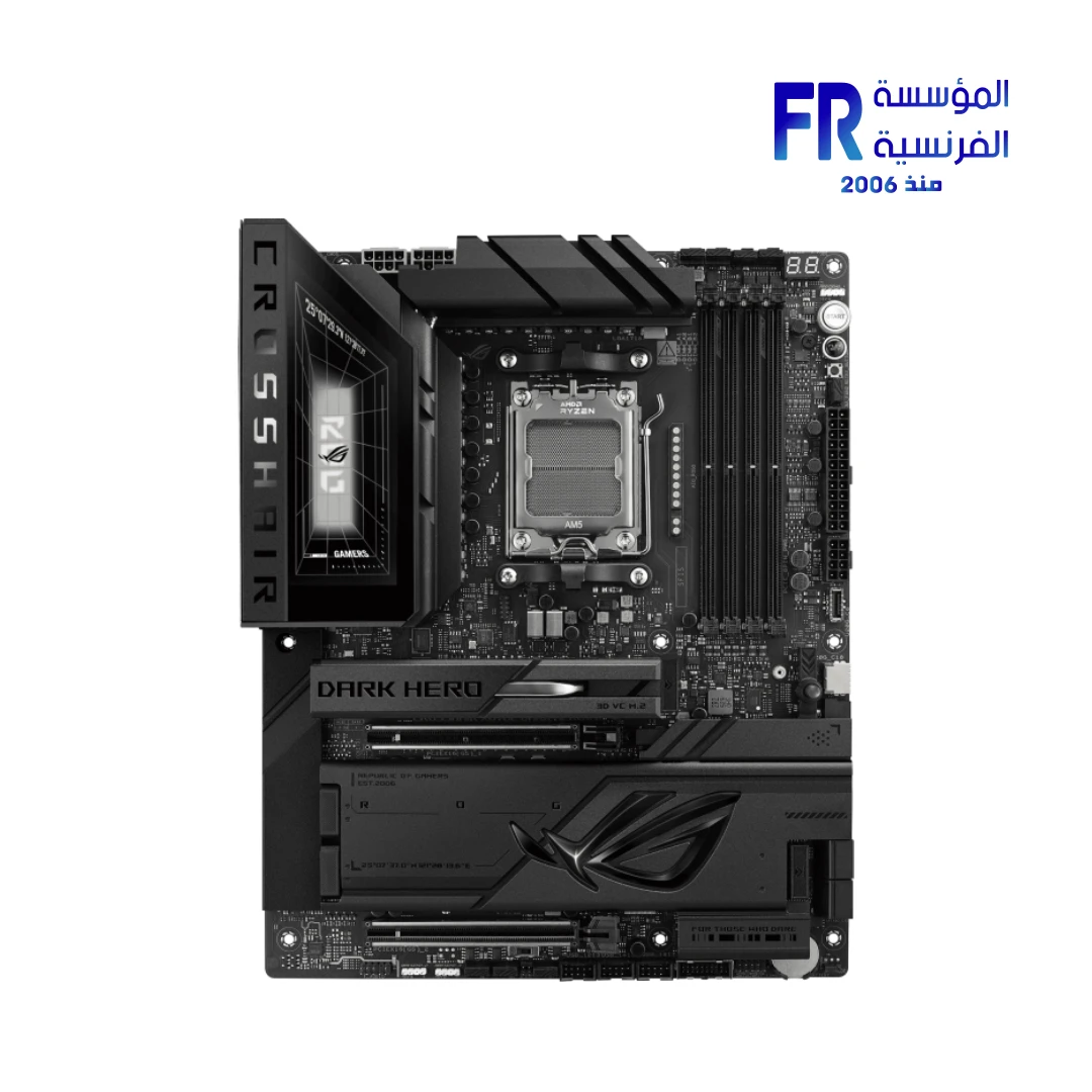 ASUS Crosshair X870E motherboard Dark Hero black ATX front view with Polymo Lighting II and massive VRM heatsinks