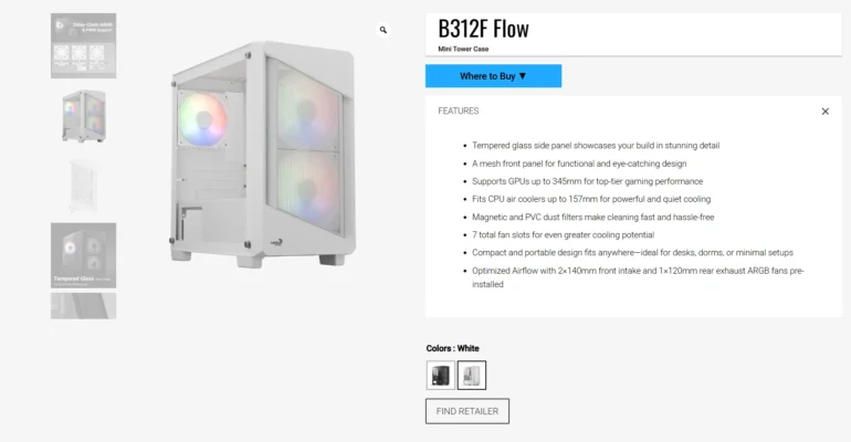 B312F Flow White Mini Tower PC Case with tempered glass and ARGB mesh panel