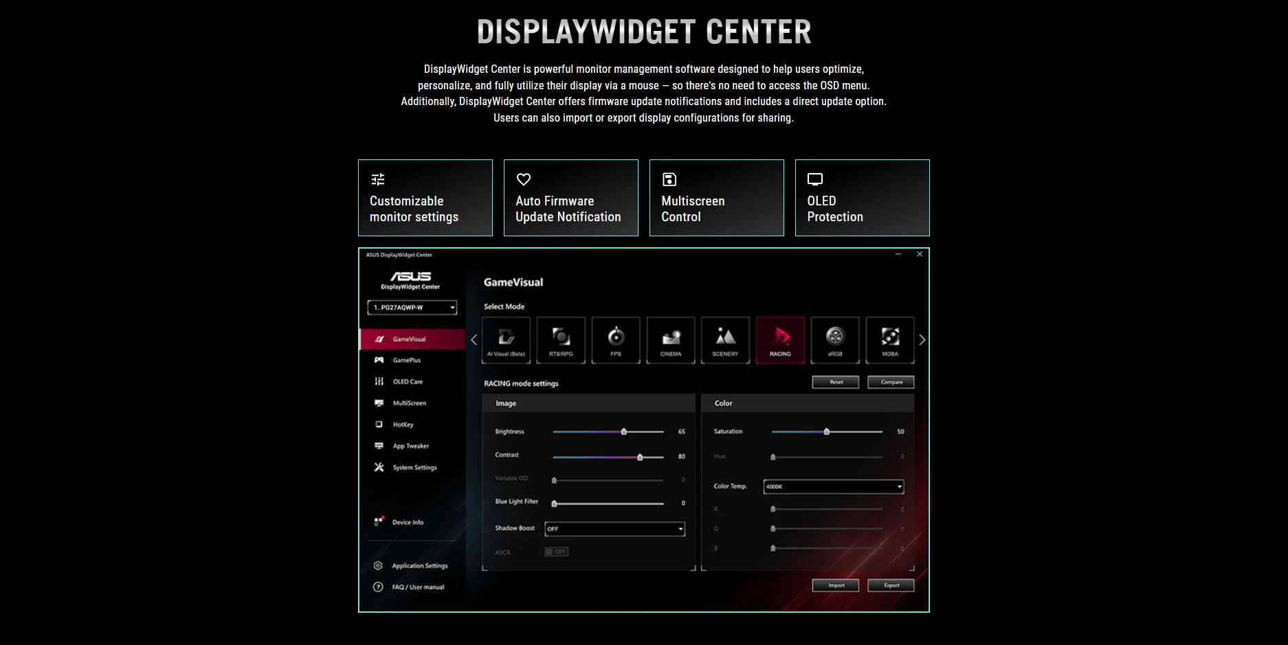 ASUS ROG Swift OLED PG27AQWP-G Edition 20 — DisplayWidget Center software interface