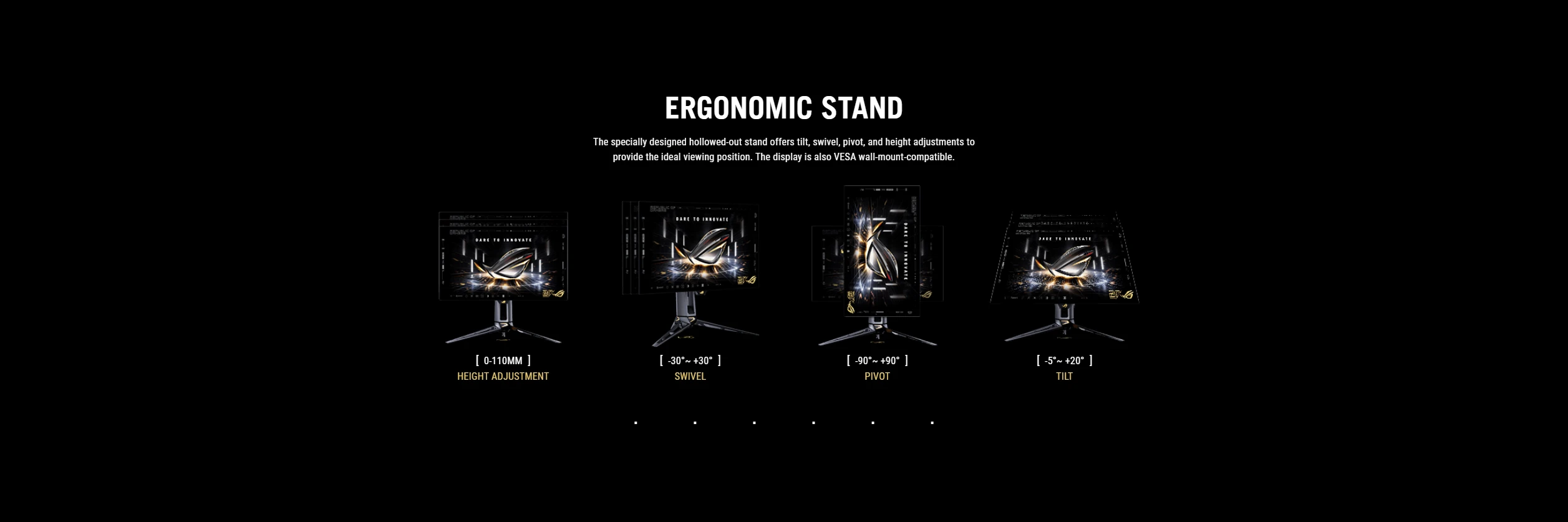 ROG Swift OLED PG27AQWP-G ergonomic stand with tilt, swivel, pivot and height adjustment