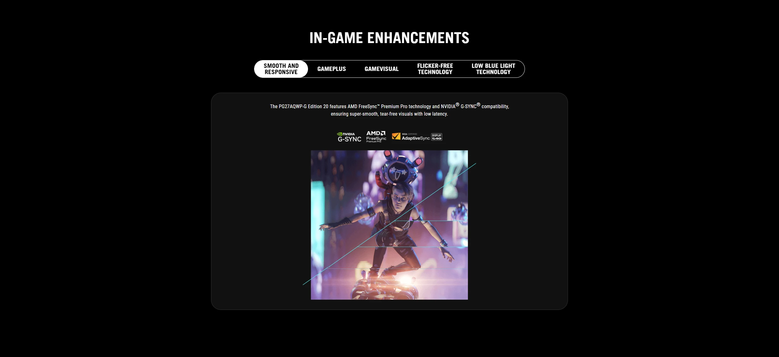 ROG in-game enhancements including GamePlus, GameVisual, Flicker-Free and Low Blue Light