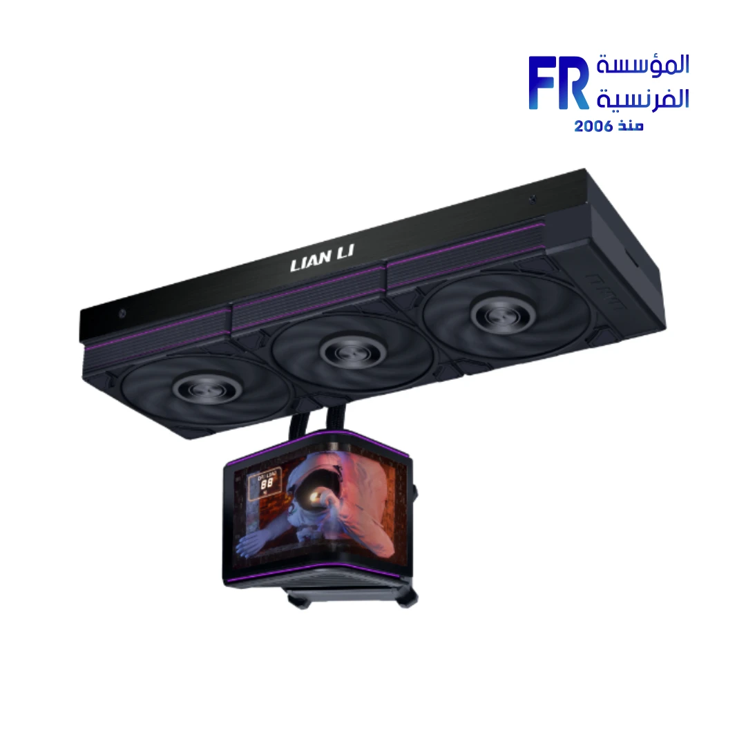Lian Li HydroShift II cooler black front view with curved OLED screen and UNI FAN P28 V2 fans Nasr City store Egypt