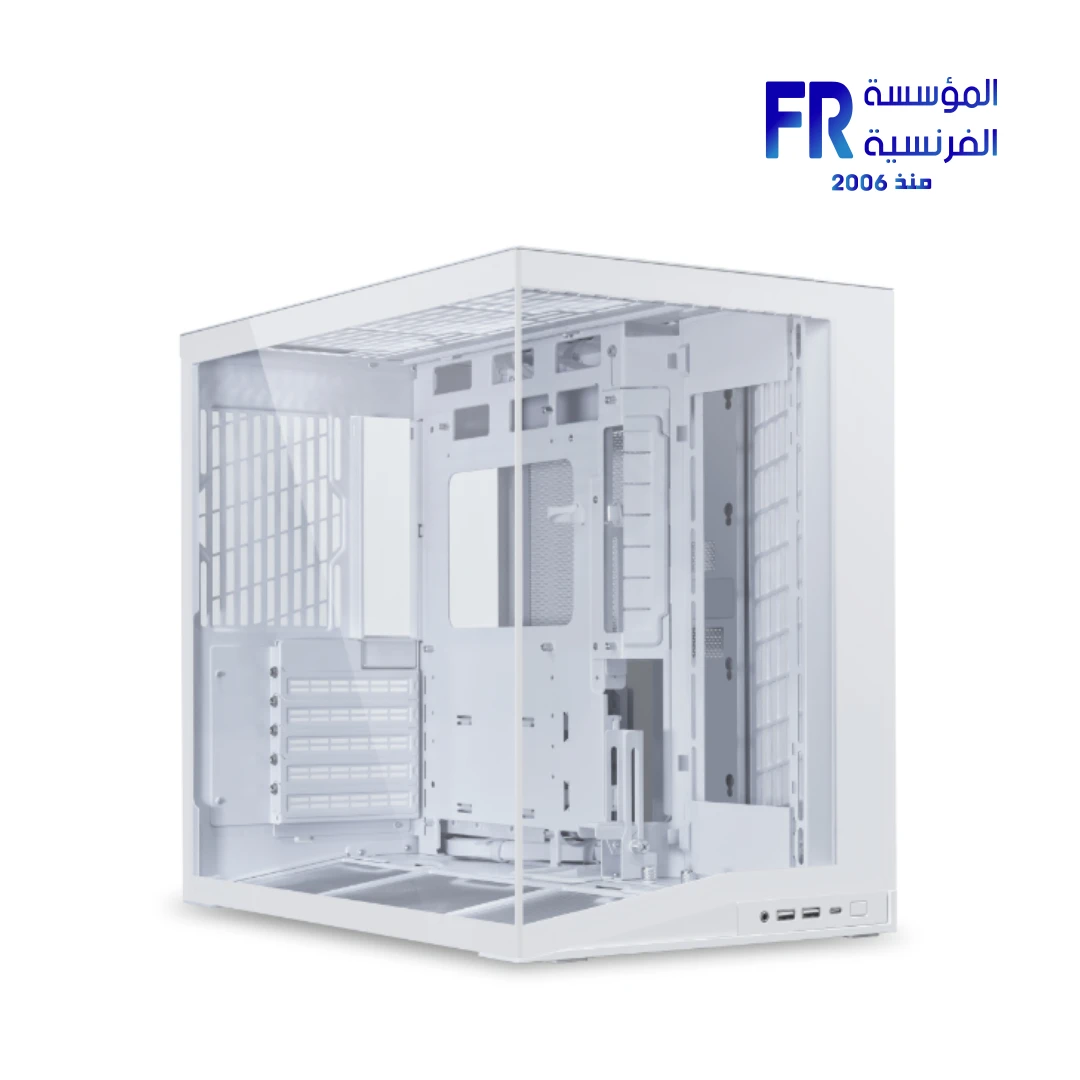 Lian Li O11 Mini V2 case white front view with pillar-less tempered glass and 10-degree slanted bottom Nasr City store Egypt