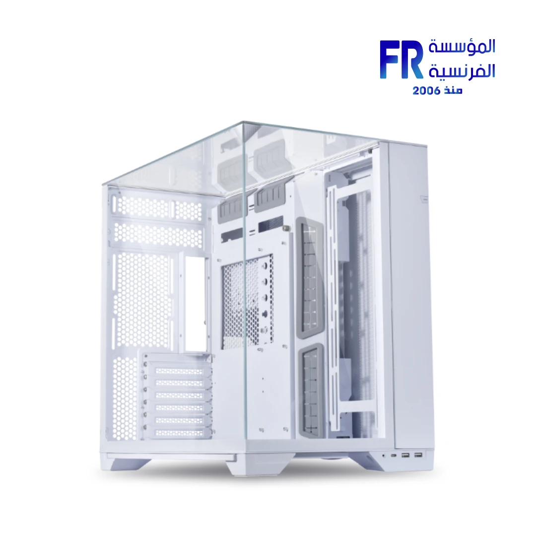 Lian Li O11 Vision case white front view with three-sided column-less tempered glass panels Nasr City store Egypt