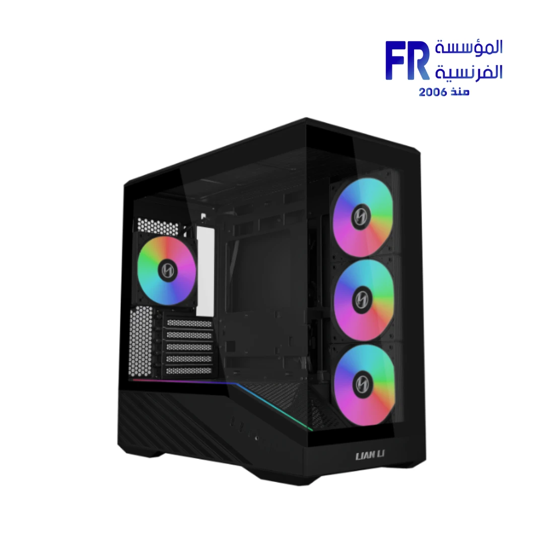 Lian Li V100R Mini case black front view with 270-degree tempered glass and pre-installed ARGB fans Nasr City store Egypt