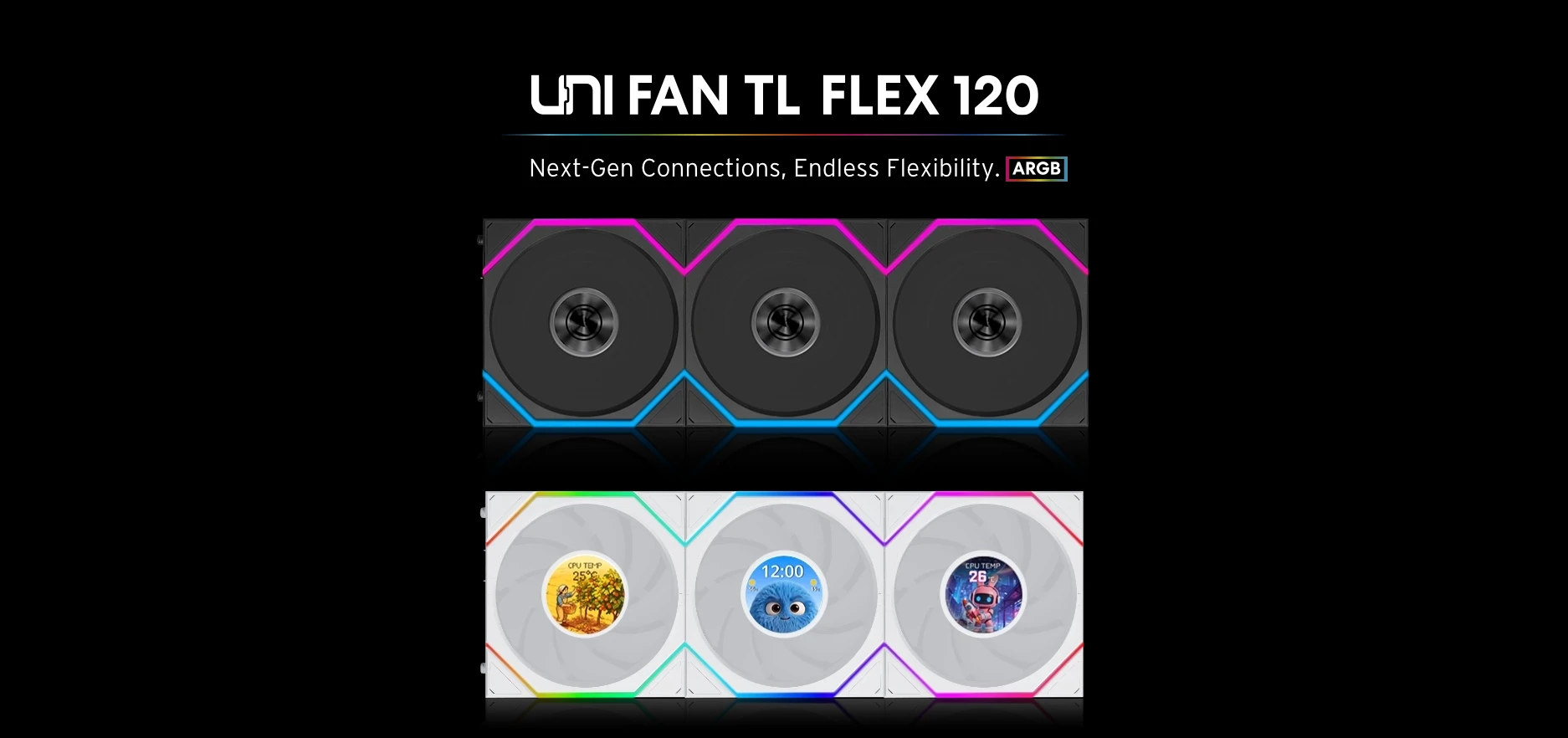 Lian Li UNI FAN TL LCD FLEX 120mm Reverse Blade Black 3-Pack