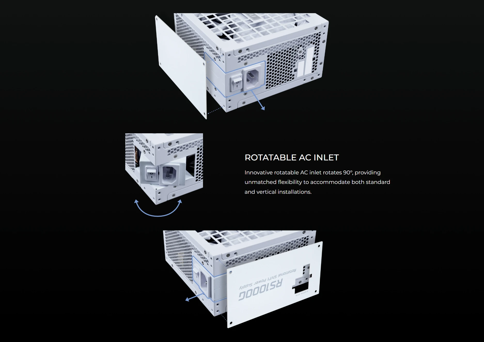 Lian Li RS1000G rotatable AC inlet rotating 90 degrees for standard or vertical PSU installation