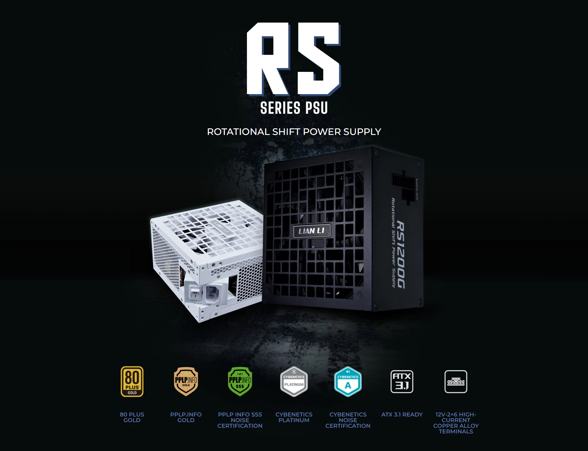Lian Li RS1000G Rotational Shift Power Supply front view showing 80 Plus Gold, PPLP.info Gold, and Cybenetics Platinum certifications