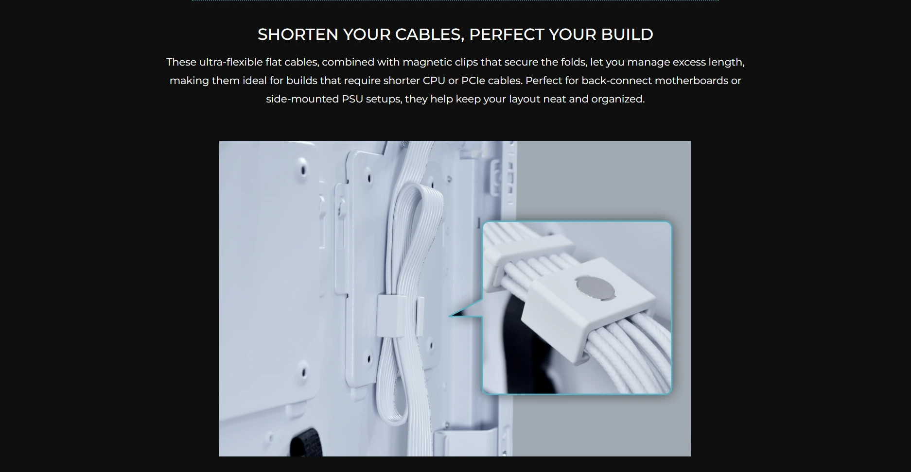 Lian Li RS1000G ultra-flexible flat cables with magnetic clips for shortening and managing cable length