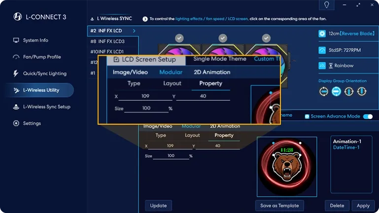SL-INF Flex 3-zone ARGB lighting diagram showing blade zone, side mirror zone, and edge lighting zone with 58 LEDs total