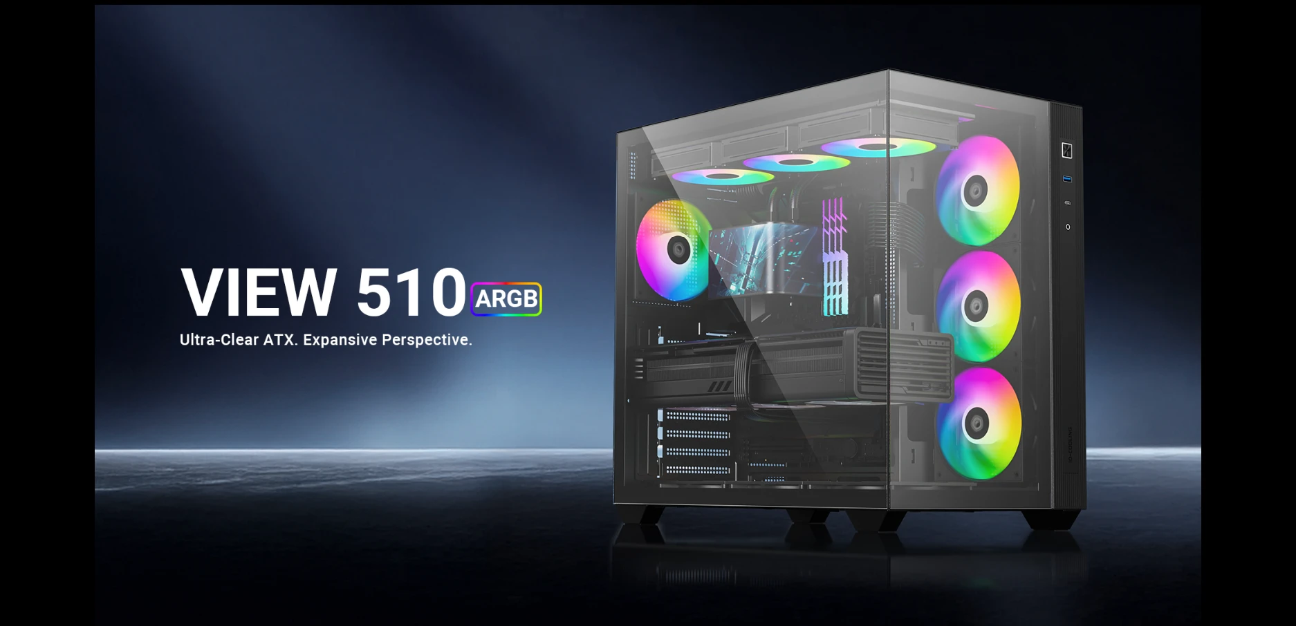 ID-COOLING VIEW 510 ARGB black mid tower case with panoramic tempered glass side panel and ARGB lighting