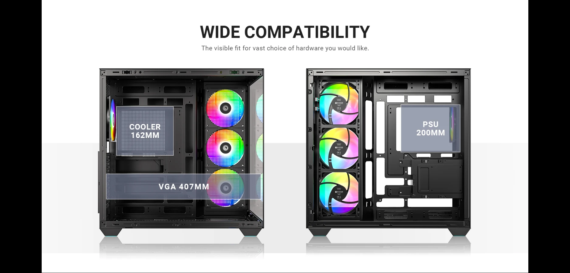 ID-COOLING VIEW 510 ARGB wide compatibility with ATX, Micro ATX and ITX motherboards and long graphics cards
