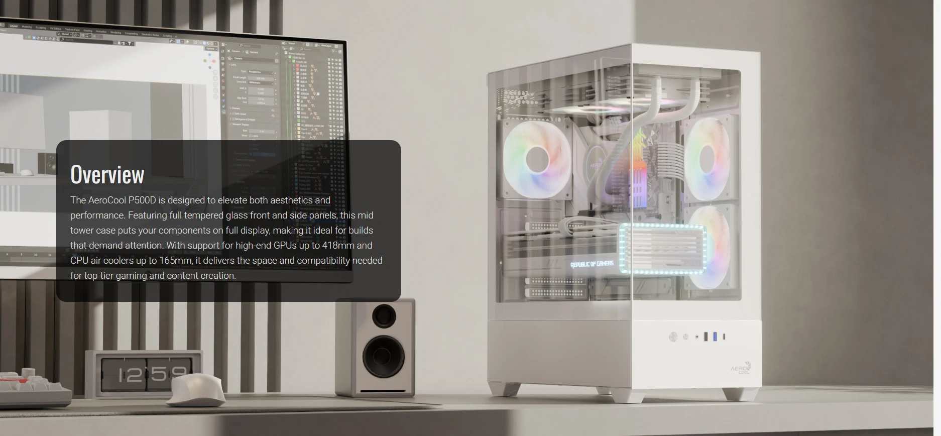 Aerocool P500D white mid-tower PC case with full tempered glass front and side panels showcasing premium components