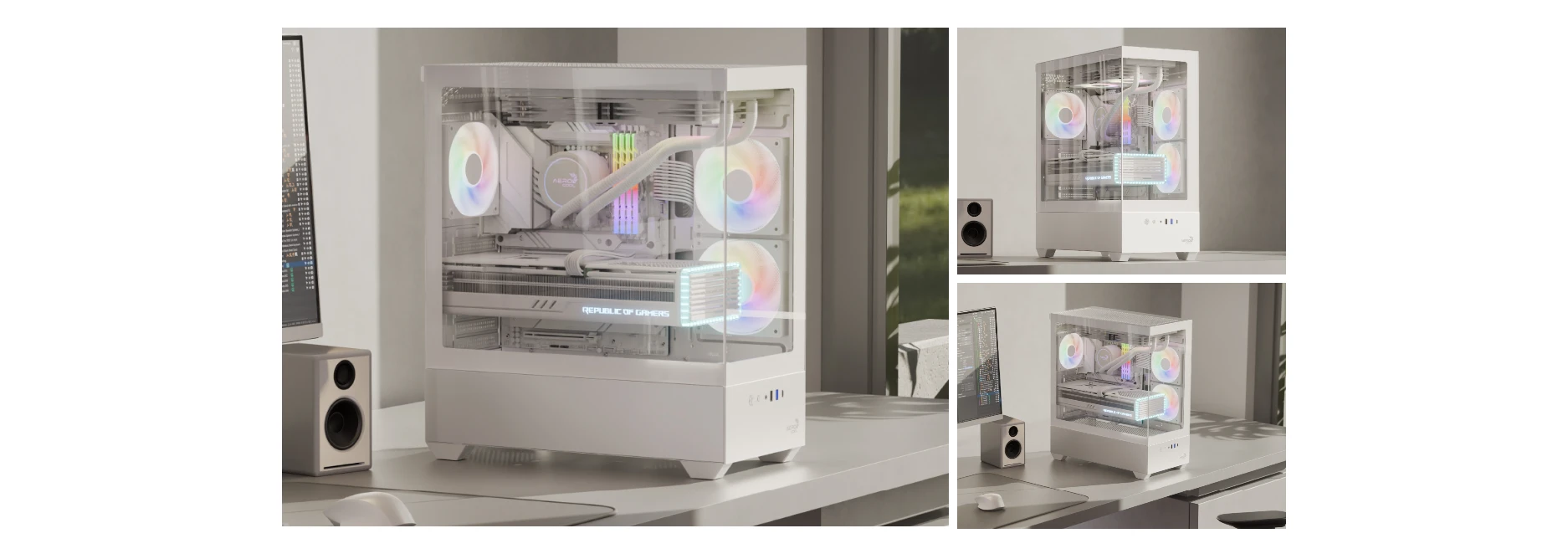 Aerocool P500D white mid-tower case with tempered glass and RGB lighting in a premium lifestyle setup