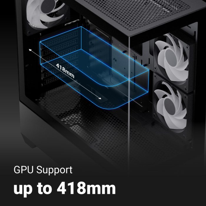 Aerocool P500D interior showing GPU clearance and expansion slots