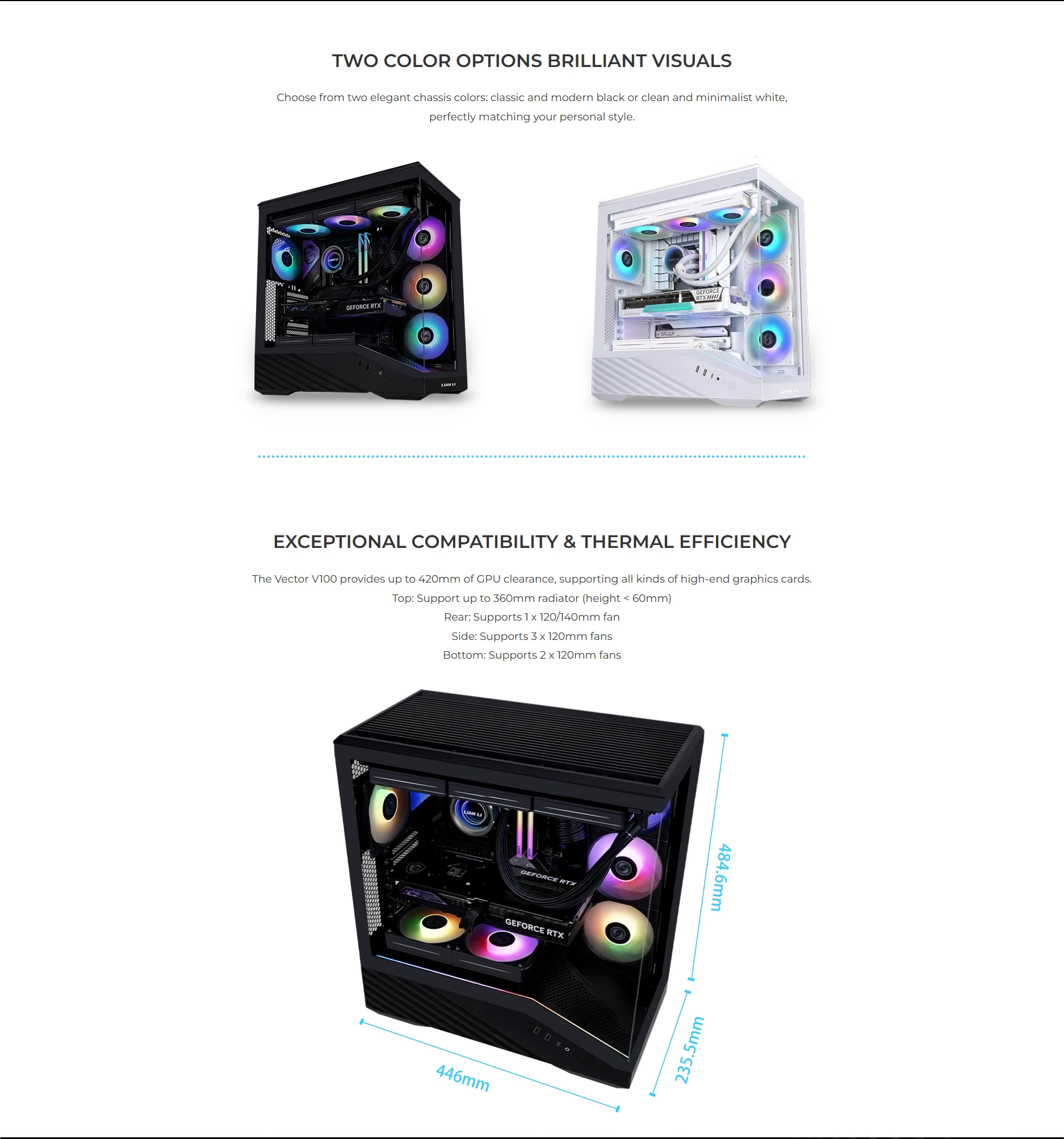 Lian Li Vector V100R color options and dimensions