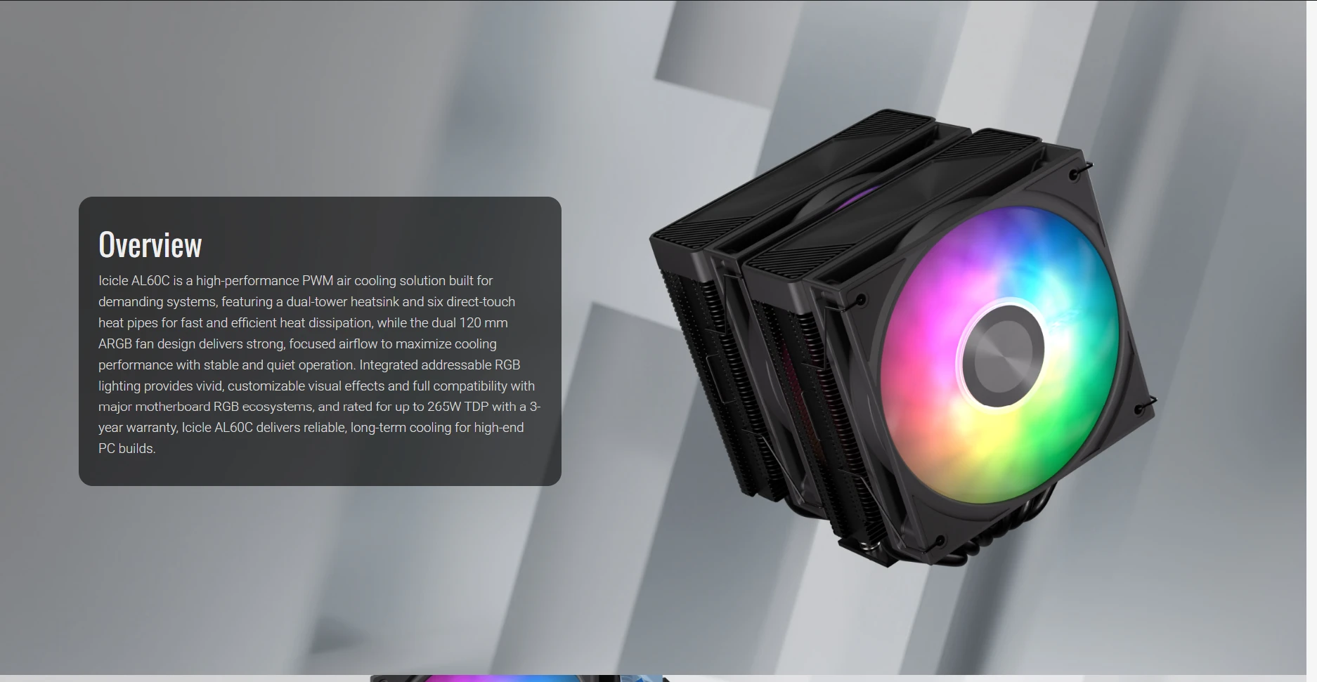 Aerocool Icicle AL60C white dual-tower CPU air cooler with 265W TDP, dual 120mm ARGB fans, and six heat pipes