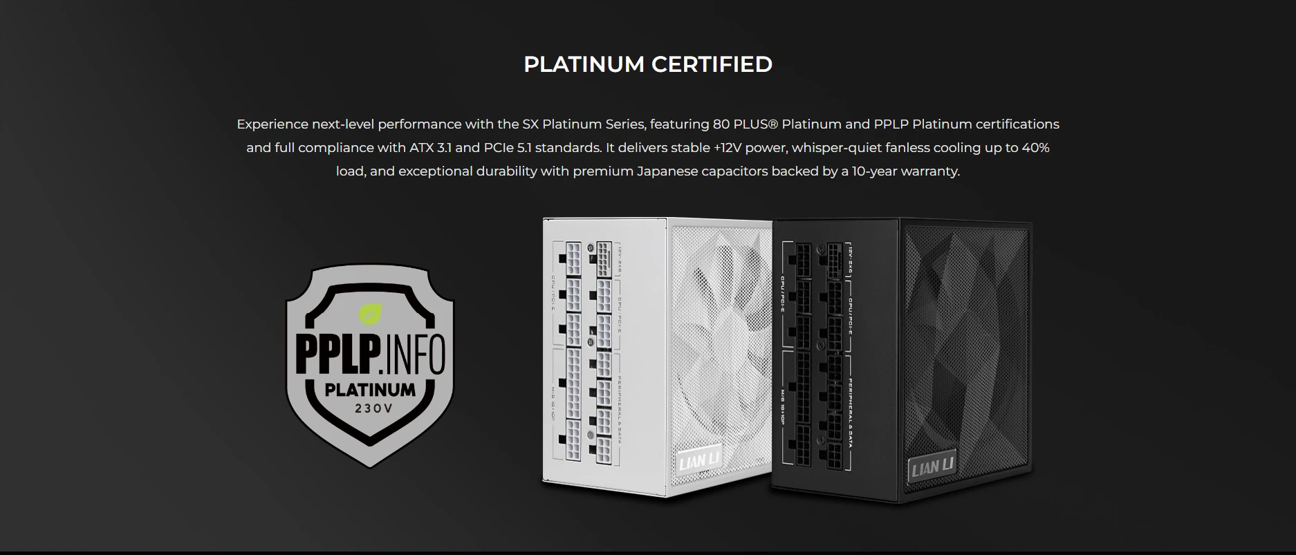 Lian Li SX850P 80 Plus Platinum and PPLP certified with fanless operation up to 40% load