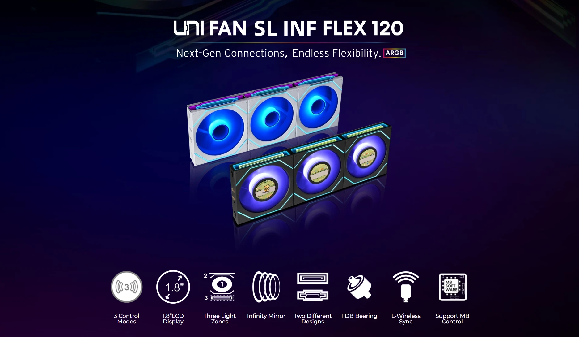 Lian Li UNI FAN SL-INF LCD FLEX 120mm ARGB fan with 1.8-inch LCD display and infinity mirror lighting