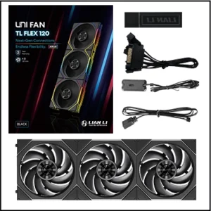 Black LIAN LI UNI FAN TL FLEX 120mm standard-blade triple pack with ARGB, PWM and L-Wireless Controller, model 12TL1F3B