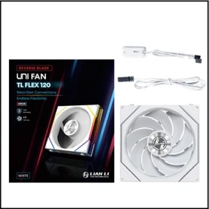 White LIAN LI UNI FAN TL FLEX 120mm reverse-blade single fan with ARGB lighting, model 12RTL1F1W