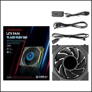 Black LIAN LI UNI FAN TL LCD FLEX 120mm reverse-blade single fan with 1.8-inch LCD, model 12RTLLCD1F1B