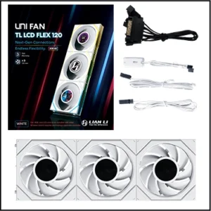 White LIAN LI UNI FAN TL LCD FLEX 120mm triple pack, model 12TLLCD1F3W; L-Wireless Controller not included