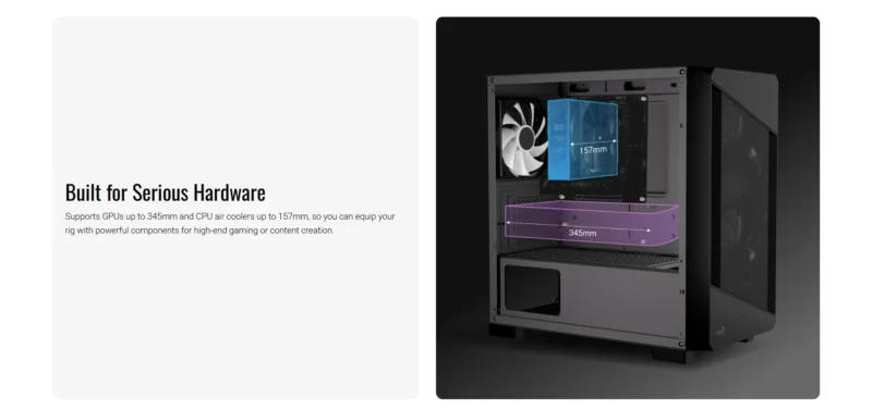 PC case hardware clearance showing GPU up to 345mm and CPU cooler up to 157mm