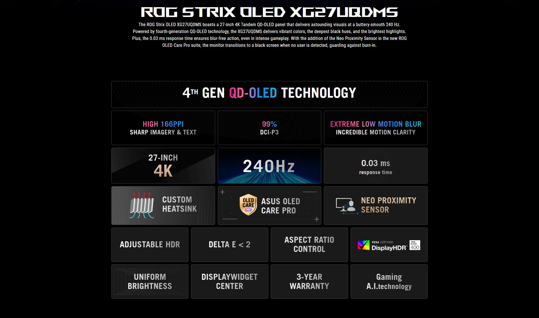 ASUS ROG Strix OLED XG27UQDMS 27-inch 4K 240Hz QD-OLED gaming monitor with Tandem OLED technology