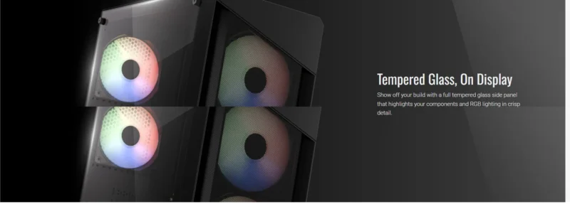 Tempered glass side panel showcasing PC build components with RGB lighting